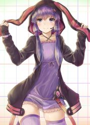 Rule 34 | 1girl, animal hood, black jacket, closed mouth, cowboy shot, dress, fingernails, gluteal fold, hair ornament, highres, hood, hood up, hooded jacket, jacket, legs apart, long hair, long sleeves, looking at viewer, low twintails, microphone, netamaru, open clothes, open jacket, purple dress, purple eyes, purple hair, purple ribbon, purple thighhighs, rabbit hood, ribbon, short dress, short hair with long locks, sleeves past wrists, smile, solo, thighhighs, thighs, twintails, vocaloid, voiceroid, yuzuki yukari, zettai ryouiki
