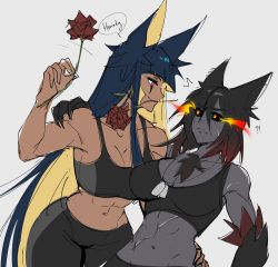 Rule 34 | !, 2girls, ?, abs, animal ears, anput (nsfwolf), black hair, black sclera, blunt bangs, blunt ends, breasts, cleavage, colored sclera, colored skin, dark-skinned female, dark skin, dog tags, earrings, flaming eye, flower, flower in mouth, grey skin, hand on another&#039;s hip, hellhound (monster girl encyclopedia), highres, in mouth, jewelry, large breasts, midriff, mouth hold, multicolored hair, multiple girls, nose piercing, nsfwolf, original, piercing, red eyes, rose, scar, sports bra, sportswear, toned, two-tone hair, yuri