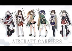 Rule 34 | 10s, 6+girls, akagi (kancolle), arrow (projectile), black hair, boots, bow (weapon), brown hair, closed eyes, hairband, hiryuu (kancolle), japanese clothes, kaga (kancolle), kantai collection, letterboxed, long hair, multiple girls, muneate, open mouth, personification, short hair, shoukaku (kancolle), side ponytail, silver hair, souryuu (kancolle), t-ray, thigh boots, thighhighs, twintails, weapon, zuikaku (kancolle)