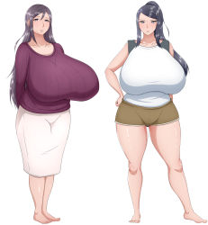 Rule 34 | 2girls, arms behind back, black eyes, black hair, breasts, collarbone, curvy, female focus, full body, gigantic breasts, hand on own hip, high ponytail, highres, huge breasts, ichika (kniw1), long hair, long skirt, long sleeves, looking at viewer, matching hair/eyes, mole, mole under mouth, multiple girls, original, ponytail, purple eyes, purple hair, purple sweater, shiny skin, shirt, short shorts, shorts, sidelocks, skirt, sleeveless, smile, standing, sweater, taut clothes, taut shirt, taut sweater, thick thighs, thighs, white background, white shirt, white skirt, wide hips