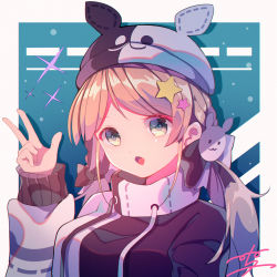 Rule 34 | 1girl, animal ears, animal hat, black bow, black jacket, blush, bow, braid, breasts, brown hair, commentary request, drawstring, fake animal ears, fang, green eyes, hair bow, hair ornament, hat, highres, jacket, long hair, long sleeves, looking at viewer, medium breasts, menghuan tian, open mouth, original, parted bangs, rabbit hair ornament, sidelocks, signature, sleeves past wrists, solo, sparkle, star (symbol), star hair ornament, twintails, upper body, w