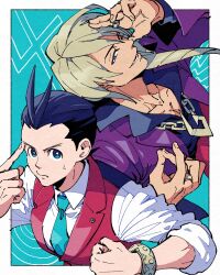 Rule 34 | 2boys, ace attorney, apollo justice, apollo justice: ace attorney, black hair, black shirt, blonde hair, blue background, blue eyes, blue necktie, bracelet, closed mouth, collarbone, hand up, highres, jacket, jewelry, klavier gavin, long hair, long sleeves, looking at viewer, male focus, multiple boys, necklace, necktie, one eye closed, open mouth, purple jacket, red vest, ring, shino (shino dgs), shirt, short hair, sleeves rolled up, smile, sweatdrop, upper body, vest, white shirt