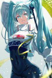 Rule 34 | 1girl, absurdres, aqua eyes, aqua hair, arm up, belt, black bodysuit, blurry, bodysuit, clothes writing, commentary, covered navel, cowboy shot, crop top, crop top overhang, depth of field, flag, hair between eyes, hair flowing over, hair ornament, hatsune miku, headphones, high ponytail, highres, light particles, logo, long hair, long sleeves, looking at viewer, racing miku, racing miku (2022), see-through, skin tight, smile, solo, tokishima sikuka, turtleneck, twintails, very long hair, vocaloid