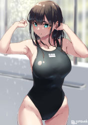 Rule 34 | 1girl, aqua eyes, armpits, arms up, bare arms, bare hips, bare shoulders, black hair, black one-piece swimsuit, blurry, blurry background, blush, collarbone, commentary request, competition swimsuit, cowboy shot, depth of field, groin, hand in own hair, highleg, highleg swimsuit, jonsun, long hair, looking away, looking to the side, mole, mole under eye, one-piece swimsuit, original, solo, swimsuit, twitter username, wet, wet hair