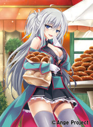 Rule 34 | 1girl, :d, absurdres, ahoge, ange vierge, bag, bare shoulders, belt, braid, breasts, cleavage, detached sleeves, gloves, highres, holding, holding bag, kurowana, large breasts, looking at viewer, nya lapucea, open mouth, paper bag, silver hair, smile, solo, thigh strap, thighhighs, white gloves, zettai ryouiki