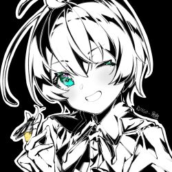 Rule 34 | 1girl, androgynous, antennae, bow, bowtie, bug, collared shirt, commentary, firefly, green eyes, greyscale, grin, hair between eyes, highres, insect, looking at viewer, monochrome, one eye closed, ringo no usagi (artist), shirt, short hair, simple background, smile, solo, spot color, touhou, wriggle nightbug