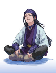 Rule 34 | 1girl, absurdres, ainu, ainu clothes, asirpa, black hair, commentary, crossed legs, earrings, english commentary, from below, full body, gloves, golden kamuy, headband, highres, hoop earrings, jewelry, long hair, long sleeves, looking at viewer, pants, shadow, sidelocks, simple background, smile, solo, triximity, white background