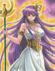 Rule 34 | 1girl, 2019, absurdres, armlet, artist name, bare shoulders, blue eyes, breasts, cleavage, closed mouth, cowboy shot, dress, female focus, floating hair, hair ornament, highres, holding, holding staff, jewelry, kido saori, large breasts, long dress, long hair, purple hair, ravernclouk design, saint seiya, sleeveless, sleeveless dress, solo, staff, standing, swept bangs, traditional media, very long hair, white dress