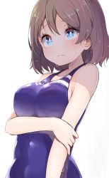 Rule 34 | 10s, 1girl, blue eyes, blue one-piece swimsuit, breast conscious, breasts, breath, collarbone, commentary request, embarrassed, from side, frown, grey hair, hand on own arm, holding own arm, large breasts, love live!, love live! sunshine!!, one-piece swimsuit, parted bangs, school swimsuit, shipii (jigglypuff), short hair, simple background, solo, standing, swimsuit, upper body, watanabe you, wet, white background