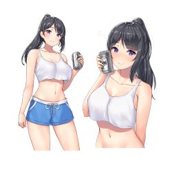 Rule 34 | 1girl, armpit crease, bare arms, bare shoulders, beer can, black hair, blue shorts, breasts, can, cleavage, closed mouth, collarbone, commentary request, crop top, crop top overhang, drink can, groin, hand up, holding, large breasts, long hair, looking at viewer, midriff, multiple views, navel, original, parted lips, pensuke, ponytail, purple eyes, shirt, short shorts, shorts, sleeveless, sleeveless shirt, smile, standing, stomach, thighs, underboob, white shirt