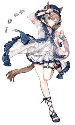 Rule 34 | 1girl, absurdres, anchor symbol, animal ears, blue bow, blue choker, blue footwear, blue hat, blue nails, bow, bracelet, brown hair, choker, collar, commentary, dress, frilled collar, frilled dress, frills, full body, hair bow, hat, highres, holding, holding swim ring, horse ears, horse girl, horse tail, innertube, jewelry, leg up, lifebuoy, looking at viewer, migolu, nail polish, one eye closed, sandals, see-through, shell, short hair, sidelocks, simple background, smart falcon (umamusume), smile, solo, starfish, swim ring, tail, thigh strap, umamusume, white background, white bow, white dress