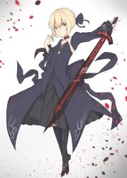 Rule 34 | 1girl, absurdres, artoria pendragon (fate), black legwear, blonde hair, bow, braid, dark persona, detached sleeves, dress, emushake, excalibur (fate/stay night), excalibur morgan (fate), fate/grand order, fate/stay night, fate (series), french braid, frilled sleeves, frills, hair bow, highres, saber (fate), saber alter, solo, sword, weapon, white background, yellow eyes