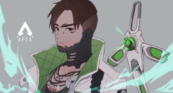 Rule 34 | 1boy, animification, apex legends, brown eyes, brown hair, collarbone, copyright name, crypto (apex legends), drone, expressionless, grey background, hack (apex legends), iyo (nanaka-0521), jacket, logo, looking at viewer, male focus, solo focus, undercut, upper body, white jacket