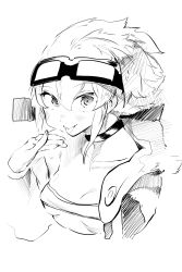 Rule 34 | 1girl, absurdres, bandeau, breasts, choker, closed mouth, goggles, goggles on head, greyscale, hair between eyes, highres, jacket, looking at viewer, monochrome, niwamaru (niwarhythm), niwarhythm, original, simple background, small breasts, smile, solo, strapless, tube top, upper body, white background
