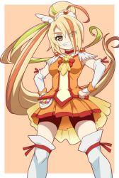 Rule 34 | 10s, 1girl, ahoge, blonde hair, border, breasts, brown eyes, commentary request, cosplay, cure sunny, cure sunny (cosplay), detached sleeves, eyes visible through hair, floating hair, green hair, grin, hair over one eye, hands on own hips, head tilt, high ponytail, long hair, looking at viewer, magical girl, multicolored hair, nikaidou saki, orange background, orange hair, orange skirt, precure, shirt, skirt, sleeveless, sleeveless shirt, small breasts, smile, smile precure!, solo, standing, streaked hair, tano asami, thighhighs, uganda (ugandam 00), v-shaped eyebrows, very long hair, voice actor connection, white thighhighs, zombie land saga