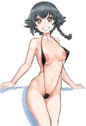 Rule 34 | 1girl, absurdres, black hair, black one-piece swimsuit, braid, breasts, brown eyes, female focus, female pubic hair, girls und panzer, grin, highres, kuppipi ramutarou, large areolae, large breasts, looking at viewer, navel, one-piece swimsuit, pepperoni (girls und panzer), pubic hair, pubic hair peek, short hair with long locks, simple background, slingshot swimsuit, smile, solo, standing, swimsuit, white background
