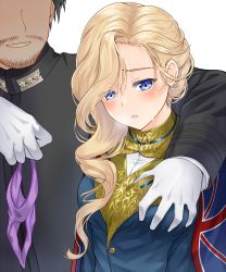 Rule 34 | 1boy, 1girl, arm around shoulder, azur lane, black hair, black jacket, blonde hair, blue capelet, blue dress, blue eyes, blush, grabbing another&#039;s breast, breasts, capelet, commander (azur lane), commentary request, dress, earrings, faceless, faceless male, facial hair, gloves, goatee, grabbing, grabbing from behind, grin, hair between eyes, hair over shoulder, hajika, highres, holding, holding clothes, holding panties, holding underwear, hood (azur lane), jacket, jewelry, large breasts, long hair, long sleeves, military, military jacket, military uniform, mustache, naval uniform, no headwear, panties, unworn panties, parted hair, parted lips, purple panties, short hair, simple background, single sidelock, smile, solo focus, standing, sweat, underwear, uniform, union jack, upper body, white background, white gloves