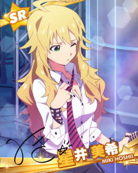Rule 34 | 10s, 1girl, ahoge, blonde hair, bracelet, breasts, character name, character signature, cleavage, green eyes, hoshii miki, idolmaster, idolmaster (classic), idolmaster million live!, jewelry, long hair, necktie, official art, signature
