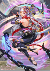 Rule 34 | ass, bare shoulders, black gloves, breasts, chain, dated, elbow gloves, fantasy, fingerless gloves, full body, gloves, heterochromia, leaf print, long hair, looking at viewer, medium breasts, midair, ninja, official art, outdoors, red eyes, red scarf, scarf, seisen cerberus, shin guards, solo, very long hair, watermark, weapon, web address, white hair, yang yang (tigu), yellow eyes