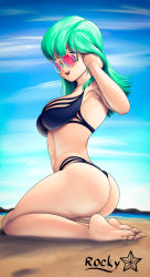 Rule 34 | 1girl, absurdres, armpits, ass, bare shoulders, barefoot, bikini, black bikini, blue eyes, blue sky, breasts, bulma, curvy, dragon ball, dragonball z, female focus, full body, green hair, highres, huge ass, long hair, looking at viewer, looking to the side, open mouth, pink-tinted eyewear, pink-tinted glasses, r0ckystar, sitting, sky, smile, sunglasses, swimsuit, tagme, teeth, thick thighs, thighs, tinted eyewear, wide hips