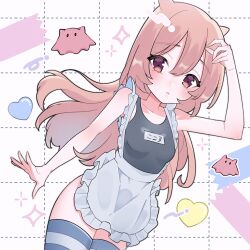 Rule 34 | 1girl, akazaki kokoro, apron, black one-piece swimsuit, blue thighhighs, breasts, collarbone, double bun, dutch angle, frilled apron, frills, hair between eyes, hair bun, hand on own head, highres, idoly pride, legs together, long hair, maid, maid one-piece swimsuit, name tag, one-piece swimsuit, pink hair, purple eyes, raised eyebrows, school swimsuit, sidelocks, simple background, small breasts, solo, straight hair, swimsuit, thick thighs, thighhighs, thighs, umbrella octopus, unconventional maid, white apron, white background, xx ly xo