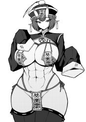 Rule 34 | 1girl, abs, absurdres, bob cut, breasts, chinese clothes, closed mouth, commentary, cowboy shot, earrings, empty eyes, greyscale, halftone, hands up, hat, highres, horns, huge breasts, jewelry, jiangshi, long sleeves, looking at viewer, monochrome, navel, ofuda, ofuda on nipples, original, pasties, pointy ears, qingdai guanmao, revealing clothes, short hair, shrug (clothing), simple background, skin-covered horns, sleeves past fingers, sleeves past wrists, solo, tassel, tassel earrings, thighhighs, tsurime, wide hips, yones81239278
