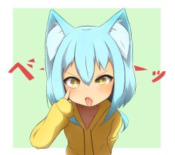 Rule 34 | 1girl, absurdres, akanbe, animal ear fluff, animal ears, blue hair, brown eyes, commentary request, drawstring, eyelid pull, green background, hair between eyes, highres, hood, hood down, hoodie, idaten93, long hair, long sleeves, looking at viewer, original, sleeves past wrists, solo, text background, tongue, tongue out, two-tone background, v-shaped eyebrows, white background, yellow hoodie