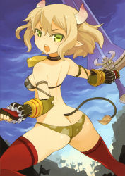 Rule 34 | 1girl, absurdres, animal ears, animal print, breasts, buckler, character request, cow ears, cow horns, cow print, cow tail, garter straps, highres, holding, holding weapon, horizontal pupils, horns, huge weapon, light brown hair, medium breasts, monster monpiece, mota, open mouth, pointy ears, shield, short hair, short sleeves, solo, sword, tail, thighhighs, underboob, weapon