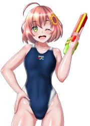 Rule 34 | 1girl, ahoge, black one-piece swimsuit, brown hair, collarbone, competition swimsuit, contrapposto, flat chest, flower, gluteal fold, green eyes, hair flower, hair ornament, hand on own hip, highres, honma himawari, logo, looking at viewer, medium hair, nijisanji, one-piece swimsuit, open mouth, round teeth, short hair, smile, solo, sunflower, sunflower hair ornament, swimsuit, teeth, upper teeth only, virtual youtuber, water, water gun, yurizuku owl
