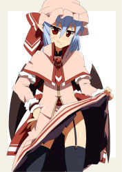 Rule 34 | 1girl, bat wings, black thighhighs, blue hair, bow, brooch, capelet, clothes lift, fang, garter straps, hand on own hip, hat, hat bow, jewelry, no panties, red eyes, remilia scarlet, shin&#039;ya (nanp), skirt, skirt lift, solo, thighhighs, touhou, wings