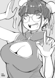 Rule 34 | 1girl, breasts, bun cover, china dress, chinese clothes, cleavage, cleavage cutout, clothing cutout, dated, double bun, dress, glasses, greyscale, hadashi no kenji, hair bun, hands up, highres, large breasts, looking at viewer, monochrome, original, sharp teeth, solo, teeth, upper body