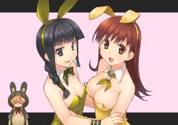Rule 34 | 10s, 3girls, :d, abukuma (kancolle), animal costume, animal ears, asymmetrical docking, bare arms, bare shoulders, black eyes, black hair, bow, bowtie, braid, breast press, breasts, brown eyes, brown hair, cleavage, detached collar, fake animal ears, female focus, hairband, happy, hug, kantai collection, kitakami (kancolle), large breasts, leotard, long hair, looking at viewer, multiple girls, ooi (kancolle), open mouth, orange hair, pink background, playboy bunny, rabbit ears, ribbon, sailor collar, sidelocks, small breasts, smile, smirk, strapless, temurei (vovovov), upper body, wristband, yuri