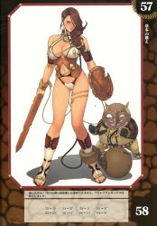Rule 34 | 10s, 1girl, armband, ball and chain restraint, battle damage, bdsm, branwen (queen&#039;s blade), breasts, brown hair, collar, cracked sword, damaged ball and chain restraint, damaged shield, damaged sword, damaged weapon, goblin, goblin male, heterochromia, highres, large breasts, leash, legs, long hair, long legs, oda non, queen&#039;s blade, queen&#039;s blade rebellion, sandals, scratched sword, shield, slave, solo, sword, tattoo, thighs, weapon