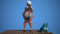 Rule 34 | 1girl, 3d, animated, animated gif, breasts, burnet (pokemon), creatures (company), curvy, game freak, gen 4 pokemon, hands on own knees, hanging breasts, huge breasts, jewelry, leaning forward, munchlax, necklace, nintendo, pokemon, pokemon sm, skirt, sky, smile, tan, tank top, teeth, thick thighs, thighs, usukeninja, white hair, wide hips, yellow eyes
