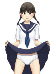 Rule 34 | 1girl, braid, clothes lift, commentary request, crotch seam, highres, lifted by self, looking at viewer, low twintails, maburu (lojyq1eur3e8bit), neckerchief, original, panties, pleated skirt, school uniform, serafuku, short sleeves, simple background, skirt, skirt lift, solo, standing, twin braids, twintails, underwear