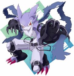 Rule 34 | 00s, animal ears, arai nobu, armband, bad id, bad pixiv id, belt, black gloves, claws, digimon, digimon (creature), digimon frontier, fighting stance, gloves, no humans, pants, red eyes, solo, strabimon, torn clothes