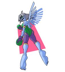 Rule 34 | 1girl, absurdres, alternate form, ass, blue skin, boxing gloves, breasts, colored skin, creepy, d-reaper, d-reaper adr-01, digimon, digimon tamers, fang, fangs, fingernails, full body, green leotard, grin, highleg, highleg leotard, highres, huge ass, leotard, looking at viewer, looking back, monster girl, muscular, muscular female, netto, netto-painter, no humans, open mouth, shiny clothes, shiny skin, silver hair, skin fang, smile, wings