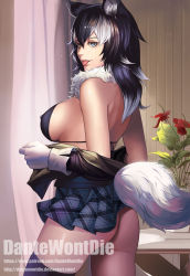 Rule 34 | 10s, 1girl, :p, animal ears, ass, bikini, bikini top only, black hair, black thighhighs, blue eyes, breasts, covered erect nipples, cowboy shot, dantewontdie, from behind, gloves, grey hair, grey wolf (kemono friends), heterochromia, kemono friends, large breasts, lips, looking at viewer, looking back, miniskirt, multicolored hair, no panties, nose, off shoulder, plaid, plaid skirt, sideboob, single thighhigh, skirt, solo, swimsuit, tail, thighhighs, tongue, tongue out, two-tone hair, white gloves, wolf ears, wolf tail, yellow eyes