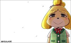 Rule 34 | animal, animal crossing, bell, blush stickers, bow, dog, dog girl, falling leaves, furry, furry female, green eyes, hair bell, hair ornament, hair ribbon, isabelle (animal crossing), k-suwabe, leaf, looking at viewer, nintendo, plaid, plaid vest, ribbon, short sleeves, smile, solo, topknot, vest
