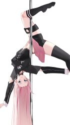 Rule 34 | 1girl, absurdres, asymmetrical legwear, black choker, black shirt, black socks, blue eyes, breasts, choker, commentary, cropped shirt, highres, ia (vocaloid), kneehighs, long hair, long sleeves, looking at viewer, midriff, miniskirt, navel, no shoes, parted lips, penguin (dx19291005), pink hair, pink skirt, pole dancing, shirt, simple background, single kneehigh, single sock, single thighhigh, skirt, small breasts, socks, solo, straight hair, thigh strap, thighhighs, uneven legwear, upside-down, vocaloid, white background