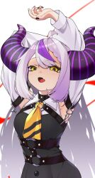 Rule 34 | 1girl, ahoge, arm behind head, arms up, ascot, black horns, black nails, braid, braided bangs, detached sleeves, dot keter, fang, grey hair, highres, hololive, horns, la+ darknesss, la+ darknesss (1st costume), long hair, looking at viewer, multicolored hair, nail polish, o-ring, open mouth, pointy ears, purple hair, skin fang, smile, solo, streaked hair, striped horns, virtual youtuber, yellow ascot