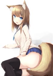 Rule 34 | 1girl, :d, animal ears, arm support, artist name, ass, black thighhighs, blonde hair, blue eyes, blue skirt, blurry, breasts, cardigan, dated, depth of field, fang, fox ears, fox tail, hair ornament, hairclip, highres, long hair, long sleeves, looking at viewer, lying, mayogii, medium breasts, necktie, on side, open mouth, original, panties, pleated skirt, school uniform, serafuku, short necktie, signature, simple background, skirt, smile, solo, tail, tareme, thighhighs, underwear, white background, white panties
