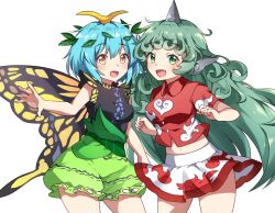 Rule 34 | 2girls, :d, animal ears, aqua hair, blue hair, blush, breasts, brown eyes, butterfly wings, cowboy shot, curly hair, eternity larva, fang, flame print, green eyes, green shorts, hair ornament, insect wings, kaoling, komano aunn, leaf hair ornament, long hair, looking at viewer, medium breasts, miniskirt, multiple girls, navel, open mouth, print skirt, red shirt, shirt, short hair, short sleeves, shorts, simple background, skirt, sleeveless, sleeveless shirt, smile, standing, tareme, touhou, very long hair, white background, white skirt, wings