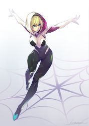 Rule 34 | 1girl, animification, black bodysuit, blonde hair, blue eyes, bodysuit, breasts, closed mouth, determined, facing viewer, gwen stacy, hair between eyes, hairband, highres, hood, hood up, hooded bodysuit, jumping, kotatsu (g-rough), large breasts, long hair, looking at viewer, marvel, multicolored bodysuit, multicolored clothes, outstretched arms, serious, short hair, silk, skin tight, solo, spider-gwen, spider web, spider web print, white bodysuit