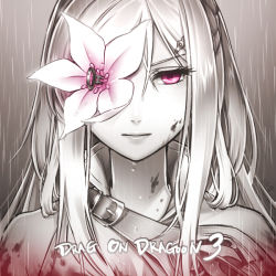 Rule 34 | 1girl, bare shoulders, blood, blood on clothes, blood on face, braid, breasts, buckle, cleavage, copyright name, drag-on dragoon, drag-on dragoon 3, eyelashes, flower, flower eyepatch, flower over eye, french braid, hair ornament, hairclip, half updo, high collar, ko-on (ningen zoo), long hair, looking at viewer, monochrome, outdoors, pink eyes, portrait, rain, red eyes, solo, spot color, wet, wet hair, white hair, zero (drag-on dragoon)