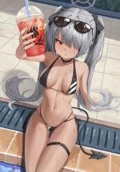 Rule 34 | 1girl, animated, animated gif, arm support, bikini, black bikini, black bow, black choker, blue archive, blush, bow, breasts, breasts apart, choker, commentary request, cup, dark-skinned female, dark skin, demon girl, demon tail, disposable cup, drink, grey hair, hair bow, hair over one eye, holding, holding drink, iori (blue archive), iori (swimsuit) (blue archive), kkusak (kkusag ks), leaning back, long hair, looking at object, medium breasts, micro bikini, midriff, multi-strapped bikini bottom, navel, parted lips, poolside, red eyes, side-tie bikini bottom, sitting, skindentation, solo, string bikini, sunglasses, swimsuit, tail, thigh strap, thighs, triangle mouth, twintails, two-tone bikini, very long hair, wet