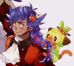 Rule 34 | 1boy, alternate hairstyle, argyle, ascot, blush, braid, braided ponytail, bright pupils, buttons, cape, closed mouth, coat, commentary request, creatures (company), dark-skinned male, dark skin, facial hair, flower, fur-trimmed coat, fur trim, game freak, gen 8 pokemon, grookey, hair flower, hair ornament, leon (pokemon), long hair, male focus, nintendo, pokemon, pokemon (creature), pokemon swsh, purple hair, red cape, smile, stj pkmn, tailcoat, white neckwear, white pupils, yellow eyes