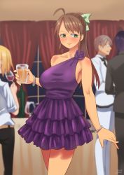Rule 34 | 1girl, 2016, ahoge, bare shoulders, blush, bow, bracelet, breasts, brown hair, dated, dress, drink, facing viewer, glass, green eyes, hair bow, hair ornament, huge breasts, indoors, jewelry, kamiya midori, long hair, looking to the side, original, ponytail, smile, solo focus, standing, zheng