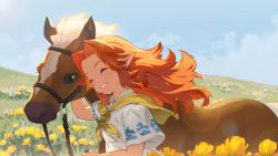 Rule 34 | 1girl, animal, animated, arm up, blanco026, blue eyes, blue sky, brown hair, child, closed eyes, cloud, commentary, day, dress, epona (legend of zelda), field, flower, highres, horse, long hair, malon, nintendo, orange hair, outdoors, parted lips, pointy ears, short sleeves, sky, smile, solo, sound, tagme, teeth, the legend of zelda, the legend of zelda: ocarina of time, upper body, video, white dress, yellow flower