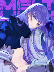 Rule 34 | 1girl, black jacket, blue eyes, character name, closed mouth, commentary, cropped jacket, fate/extra, fate/extra ccc, fate (series), flprayer, hair ribbon, highres, jacket, long hair, looking at viewer, meltryllis (fate), navel, purple eyes, purple hair, purple ribbon, ribbon, sleeves past fingers, sleeves past wrists, smile, solo, stomach, very long hair